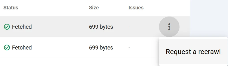 Google Search Console robots.txt report showing the option to request a recrawl.